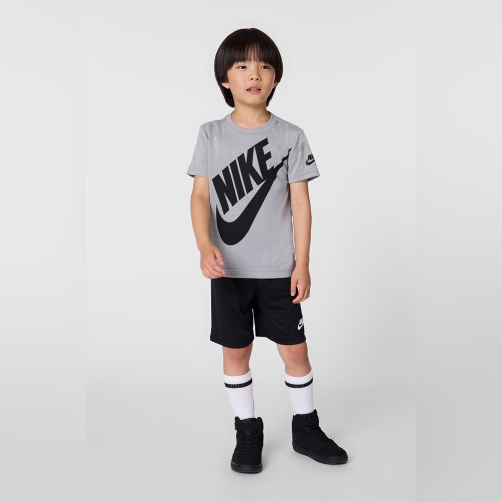 Nike Kids Dri-Fit Athletic Boys Short Sleeve Top Neutral Grey Black Graphic Tee